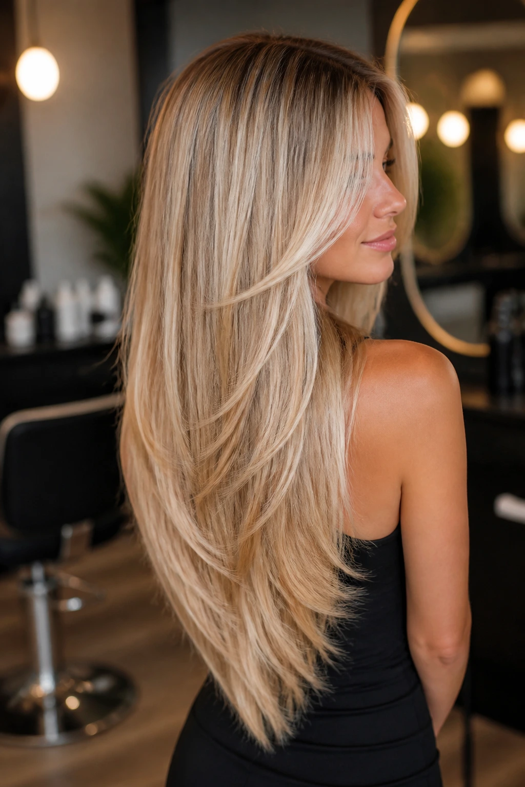 Portrait of pale blonde hair showing V-cut lengths with invisible highlights.