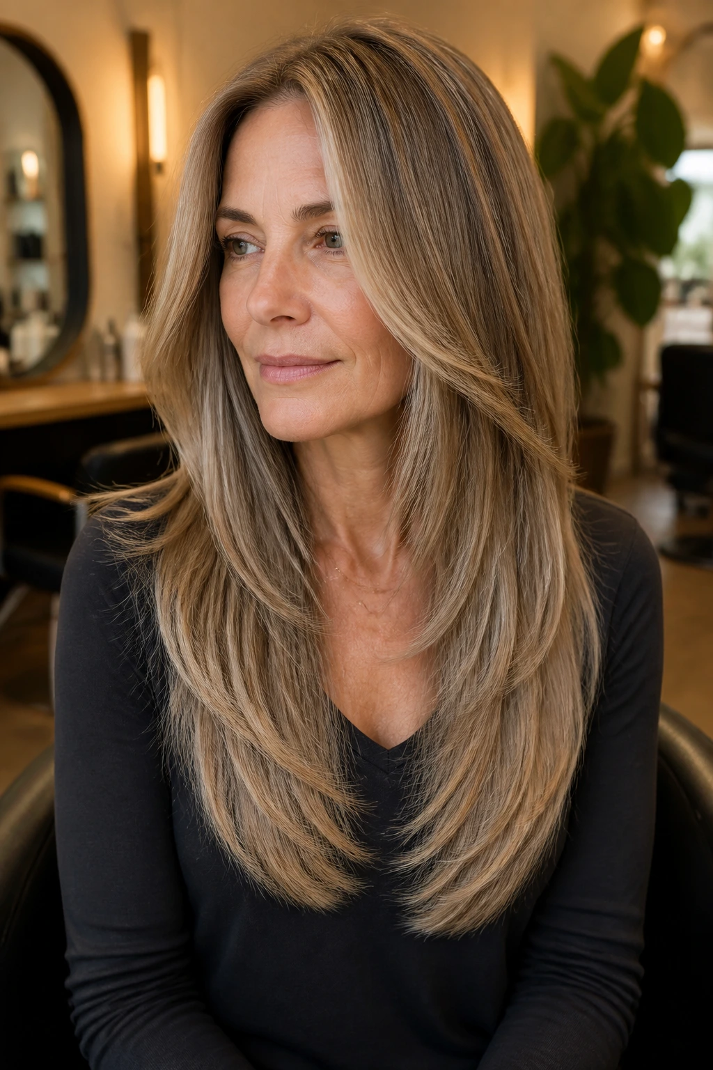 Close-up of a real woman with soft V-cut layers and babylights at the ends.