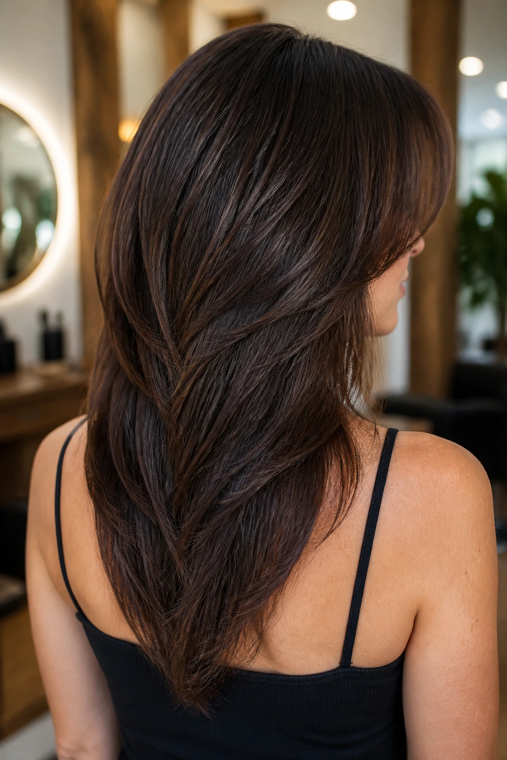 Rear portrait of a real person showcasing V-cut layers narrowing the back