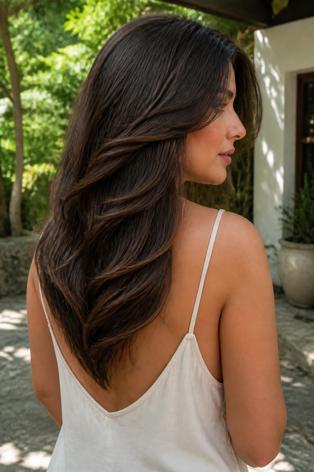 Close-up portrait of a real woman with a V-cut at the back and soft front layers.