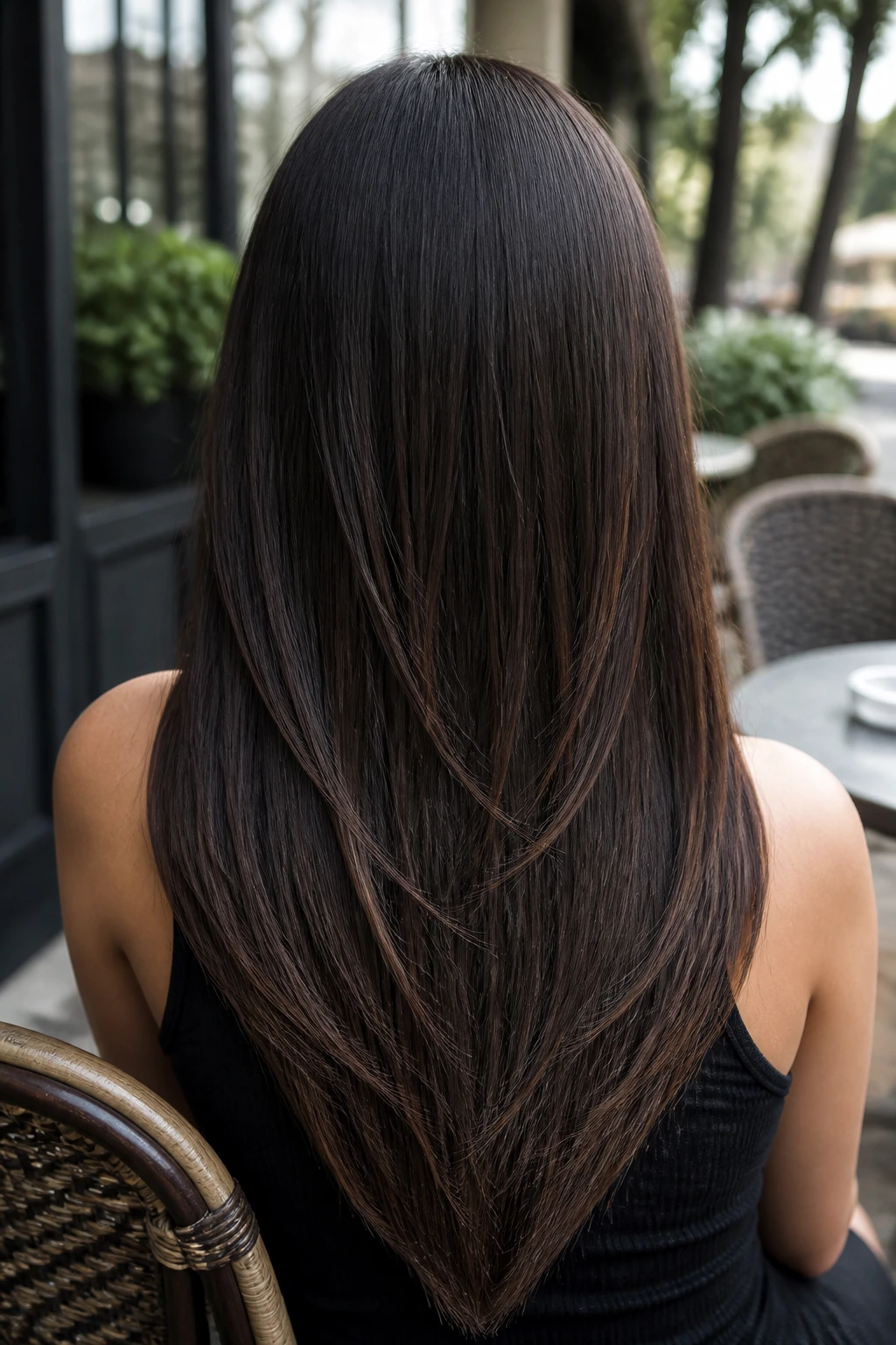 Back view of a real woman with a V-cut back in long hair.