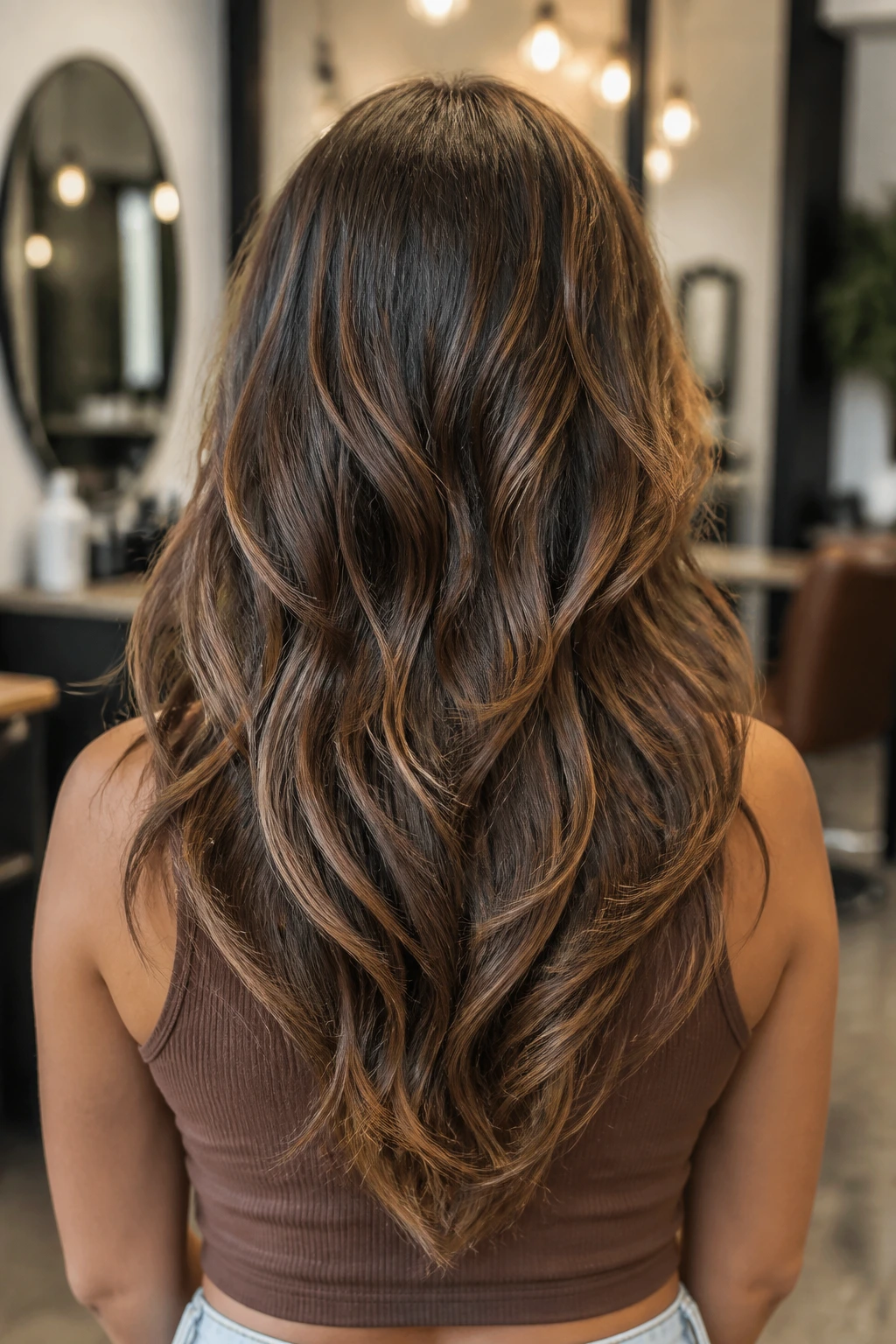 Back view of a real woman with long wavy hair showing V-cut layers in a salon