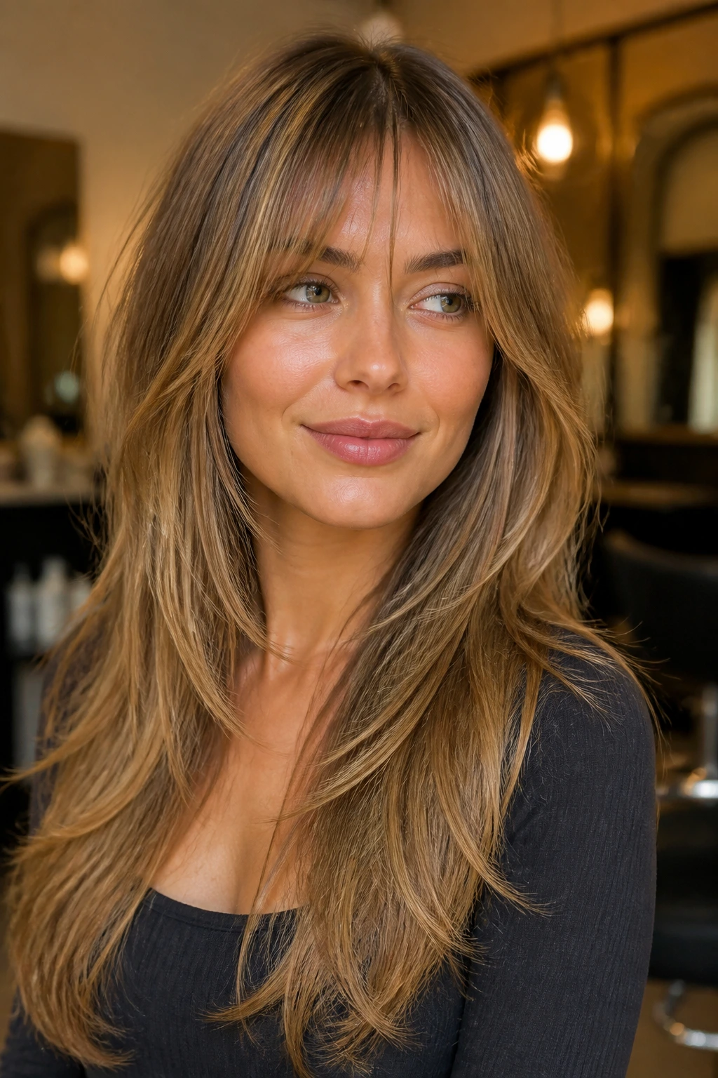 Close-up portrait of a real woman with V-cut layers and piecey bangs in a cozy salon.