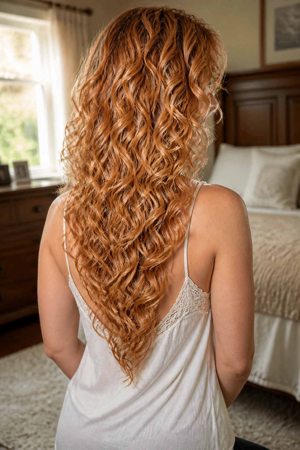 Back view of long curly hair with a soft V-cut in strawberry blonde shade