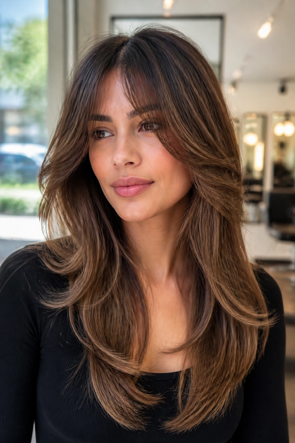 Close-up of a real woman with long hair in a V-cut with wispy curtain bangs in a salon.