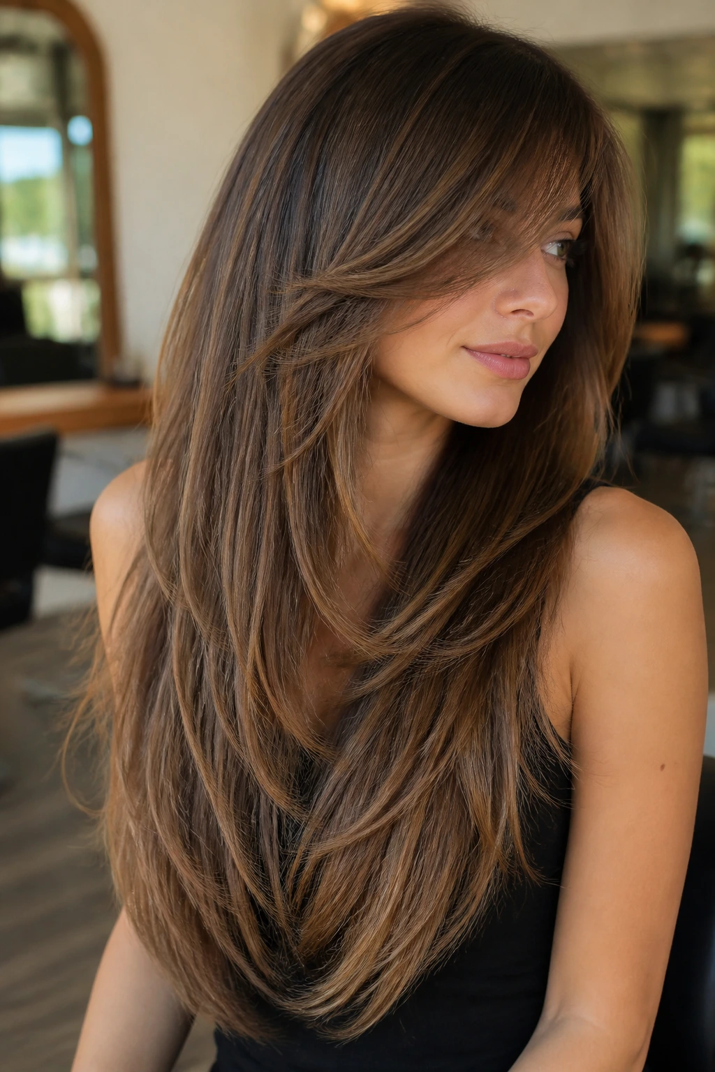 Three-quarter portrait of a woman with V-cut back layers and a soft diagonal fringe in warm natural light