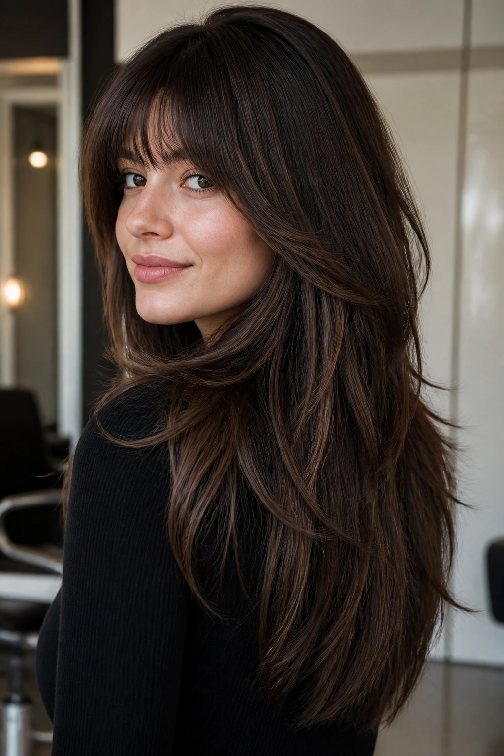 Close-up of a real woman with V-cut layers and eyebrow-length fringe