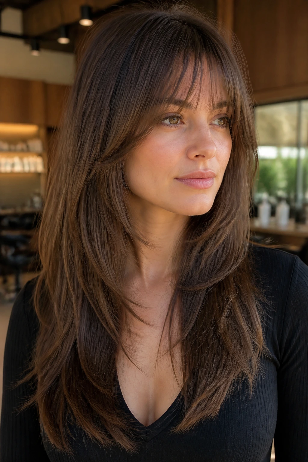 Close-up portrait of a real woman with long V-cut layers and airy fringe in warm salon light