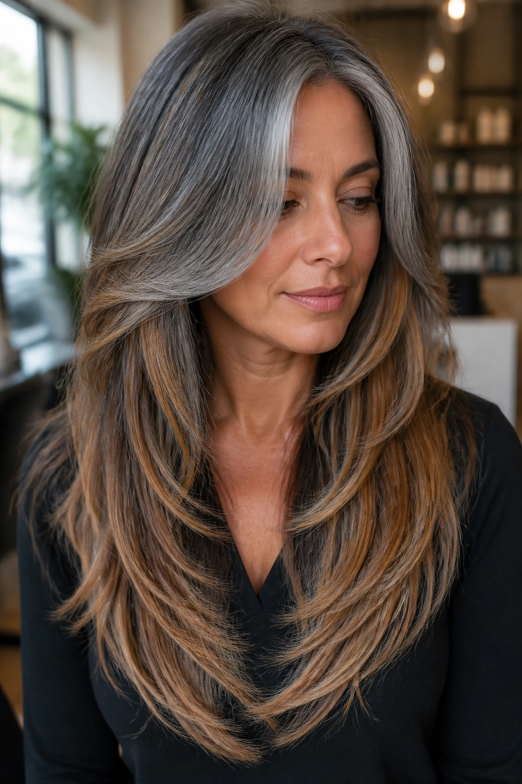 Close-up of a real woman with V-cut layered grey and caramel hair.
