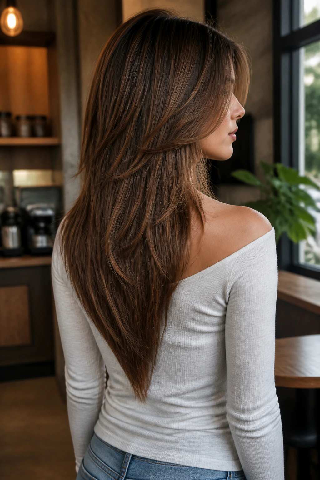 Profile of real woman with V-cut layers and a narrow back.