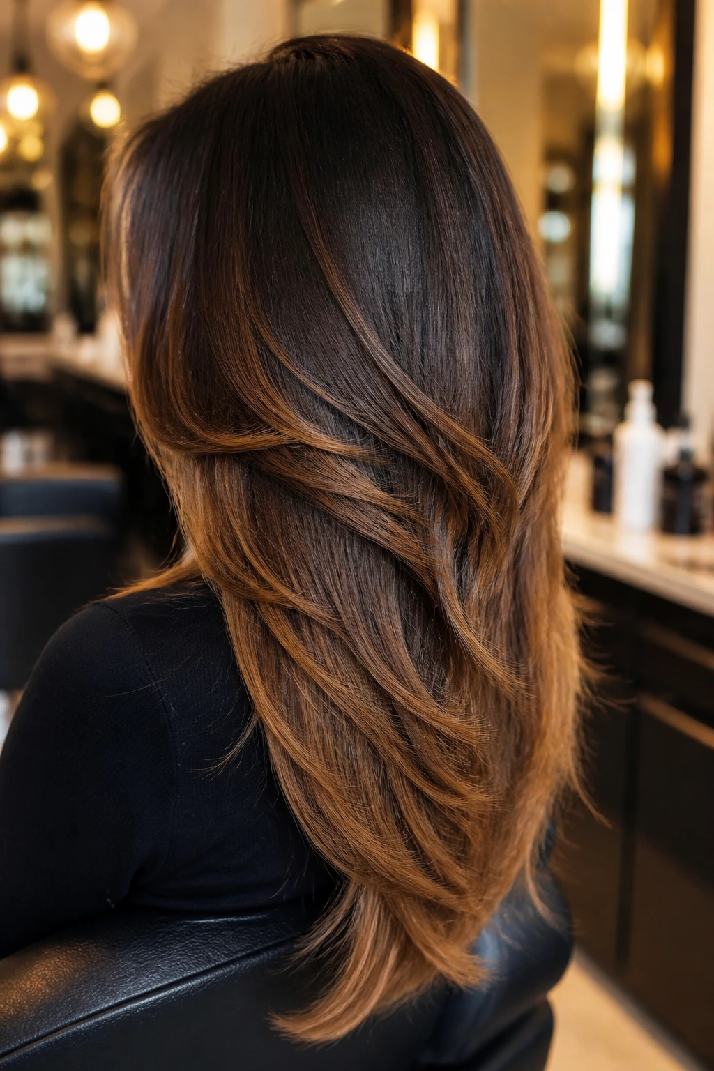 Rear three-quarter view of a real woman showing V-cut layers in heavy hair with caramel