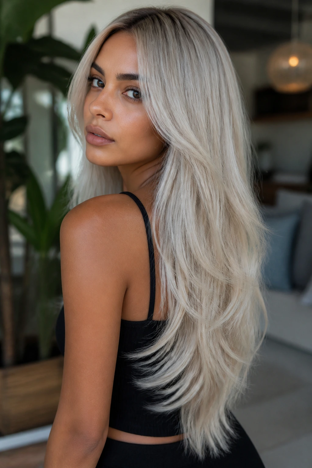 Portrait of a real woman with long V-cut layered platinum hair on olive skin