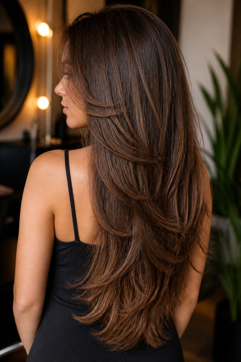 Real woman with V-cut layers creating movement at the ends.