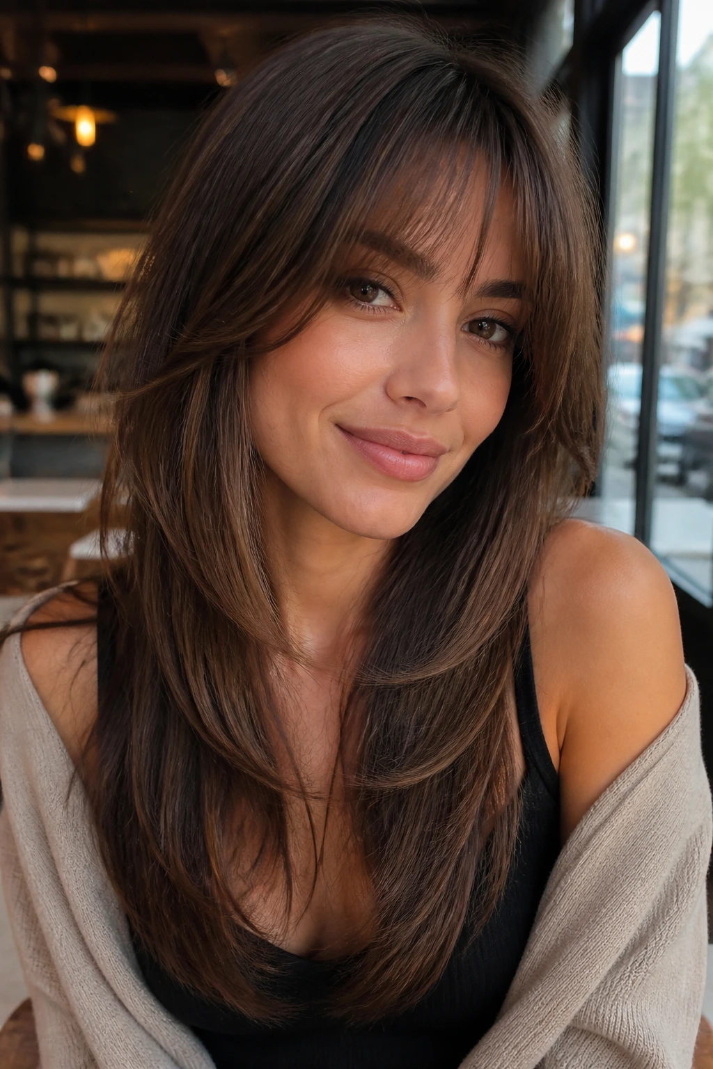 Close-up of a real person with V-cut layers and see-through bangs in urban cafe light