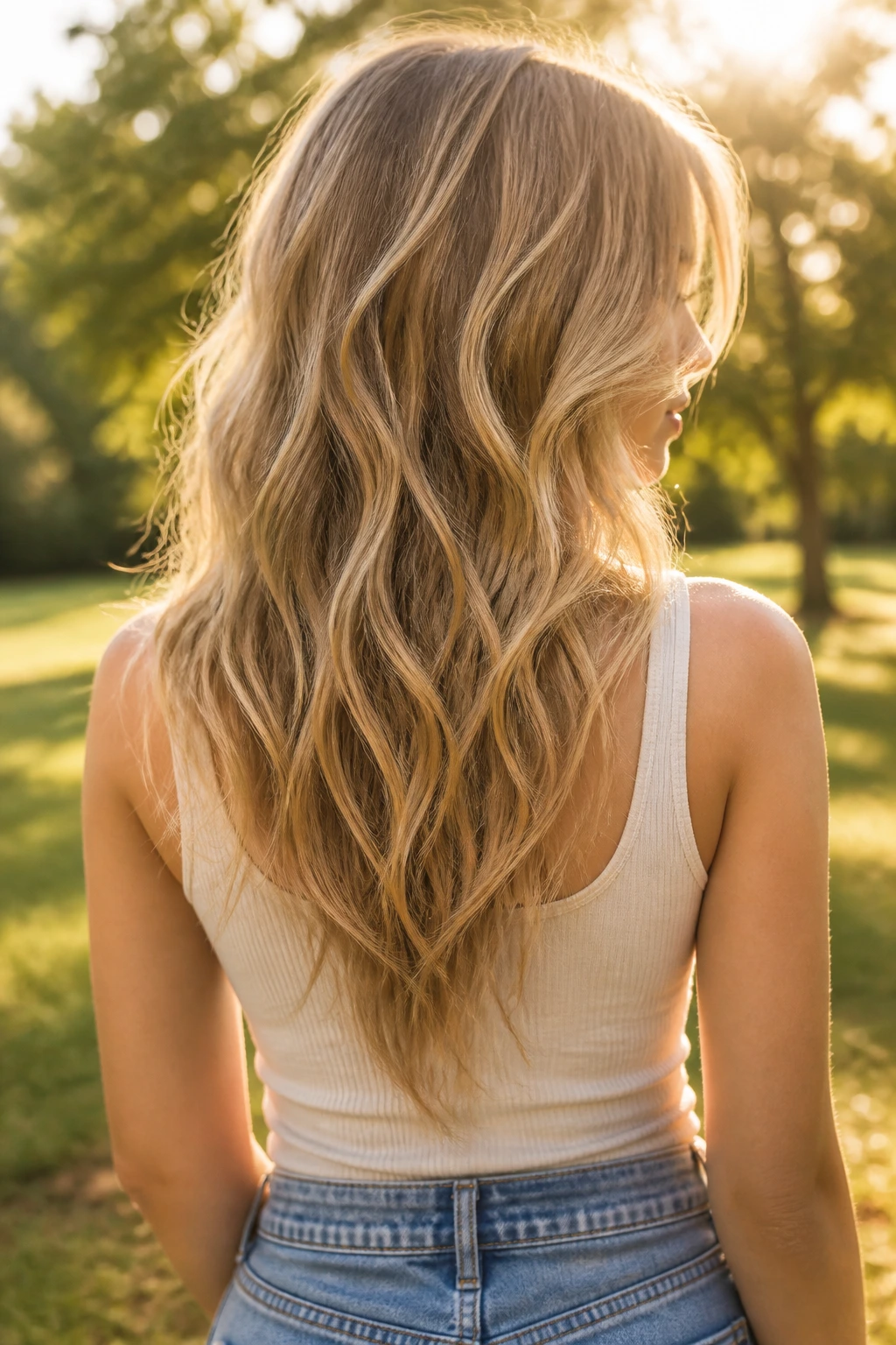Back view of a real woman showing V-cut layers at the back