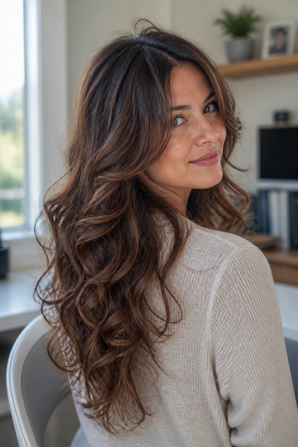 Portrait of a woman with V-cut layers and tapered ends