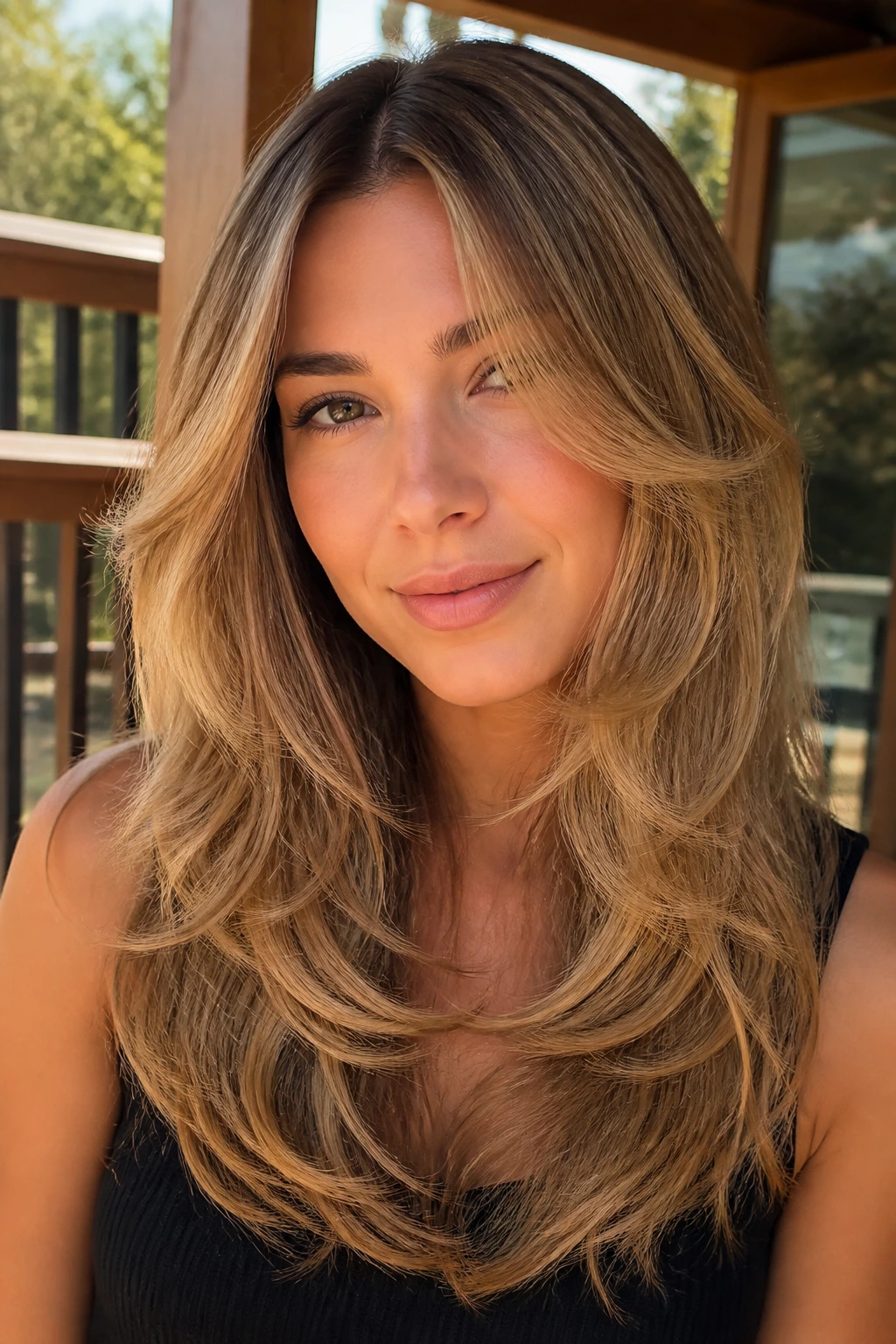 Close-up of real woman with V-cut layers in toffee blonde