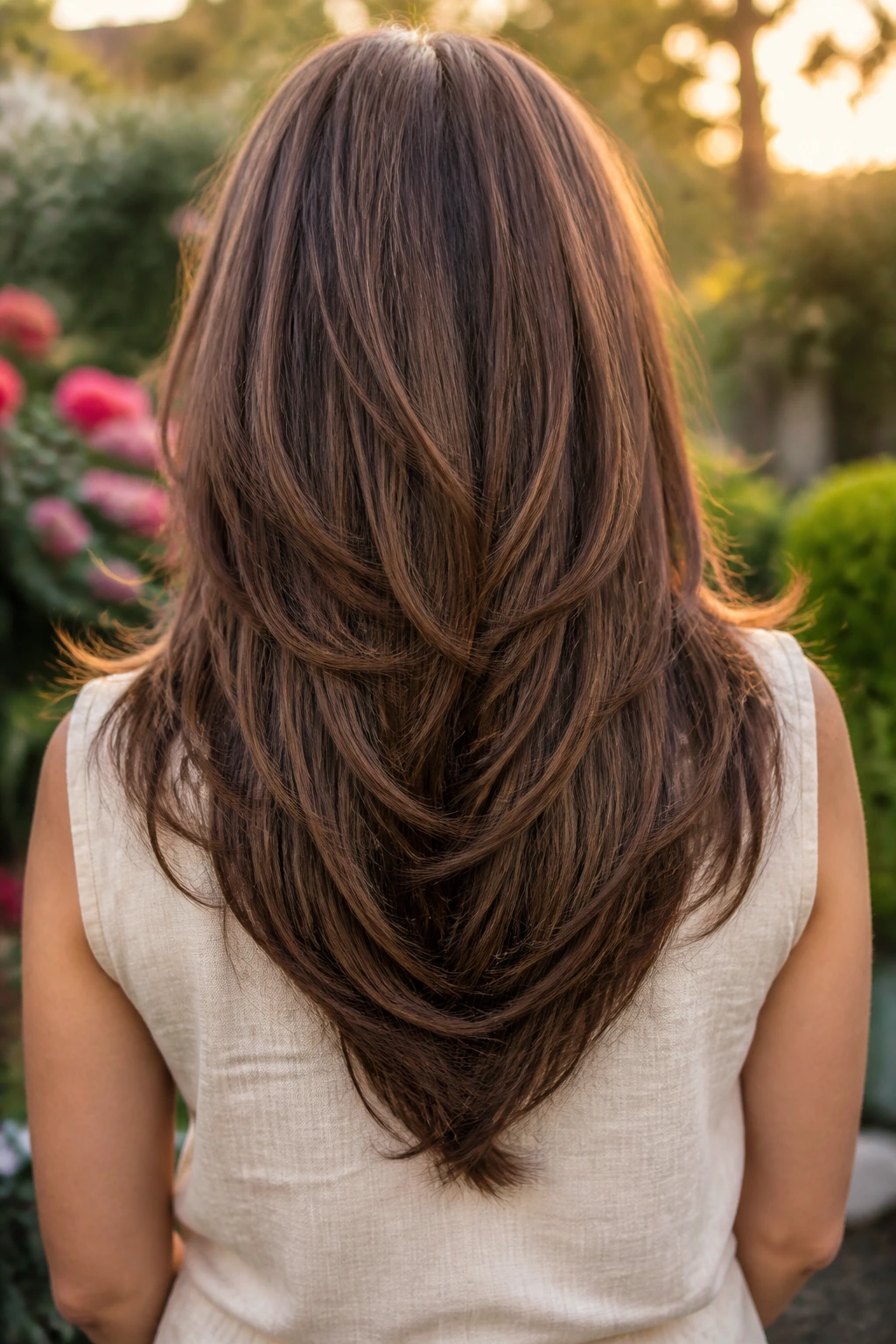 Back view of real woman with V-cut layers and walnut lowlights in golden hour light