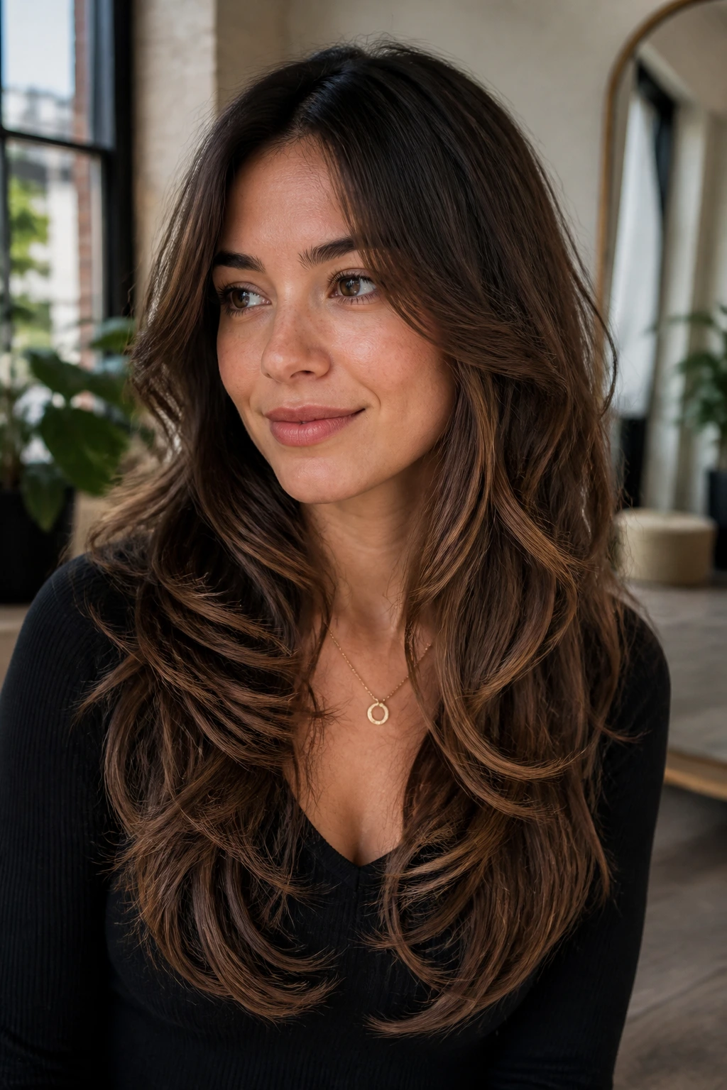 Close-up of a real woman showing V-cut layers with soft waves