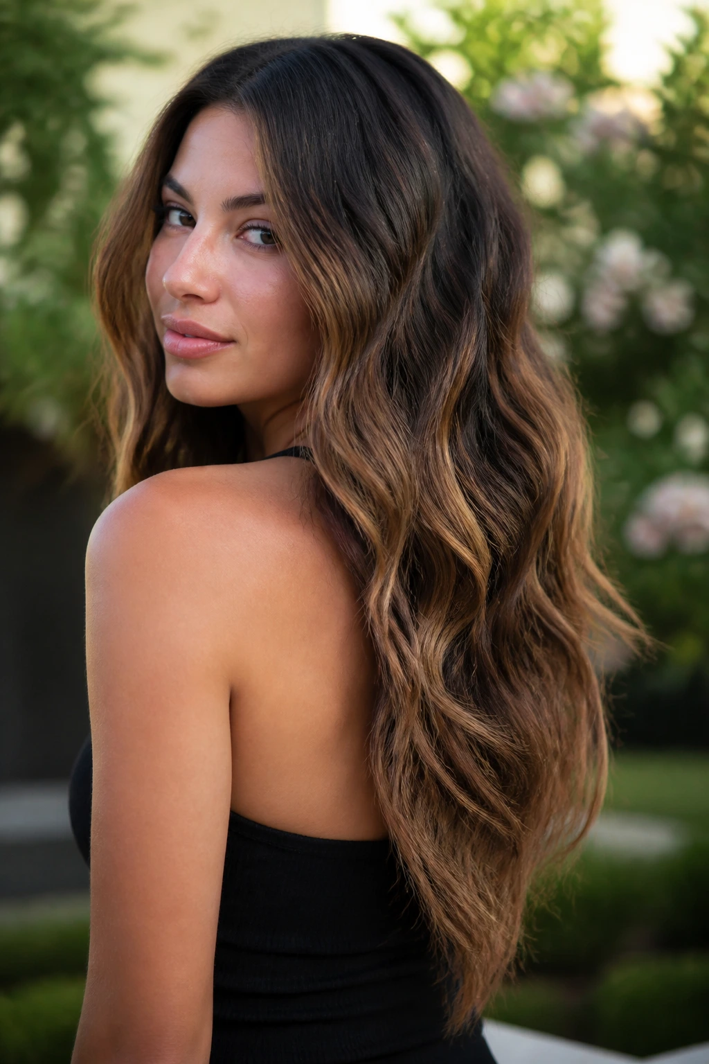 Close-up of a real woman with V-Cut length and hazelnut bands