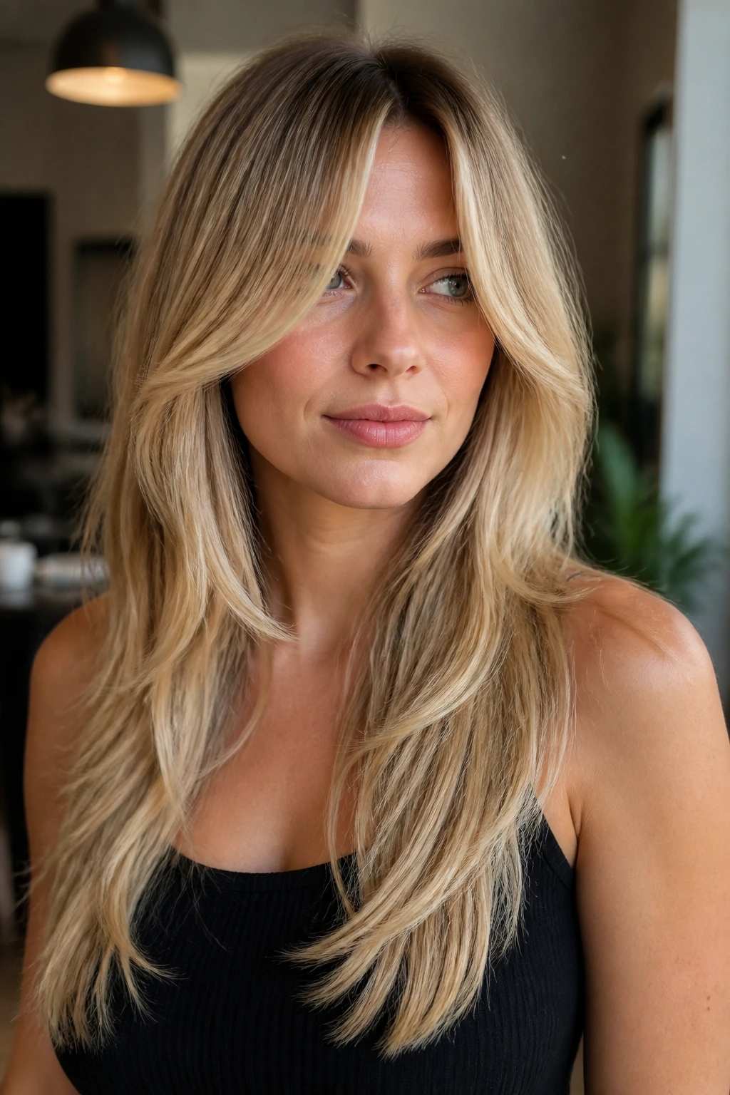 Portrait of a real woman with V-cut length and long curtain fringe