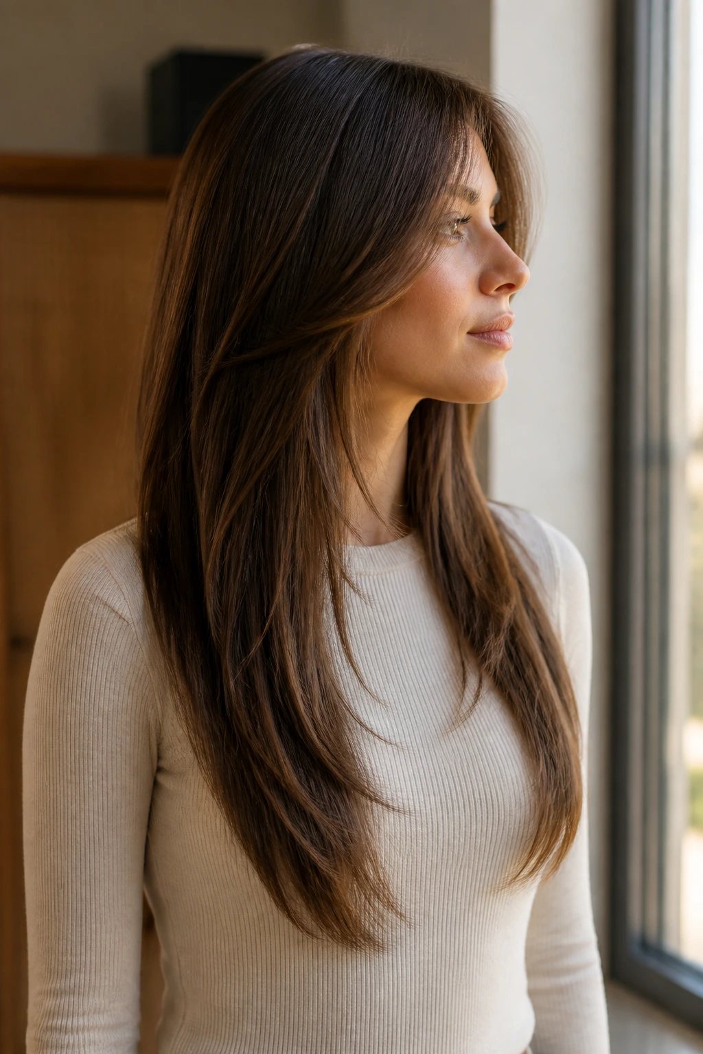 Side-profile of a real woman with V-cut length and slim ends