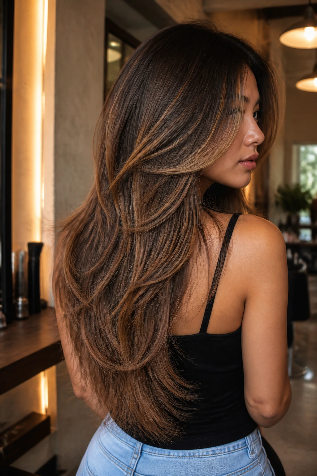 Portrait of a real woman with a V-cut length and toasted almond balayage.