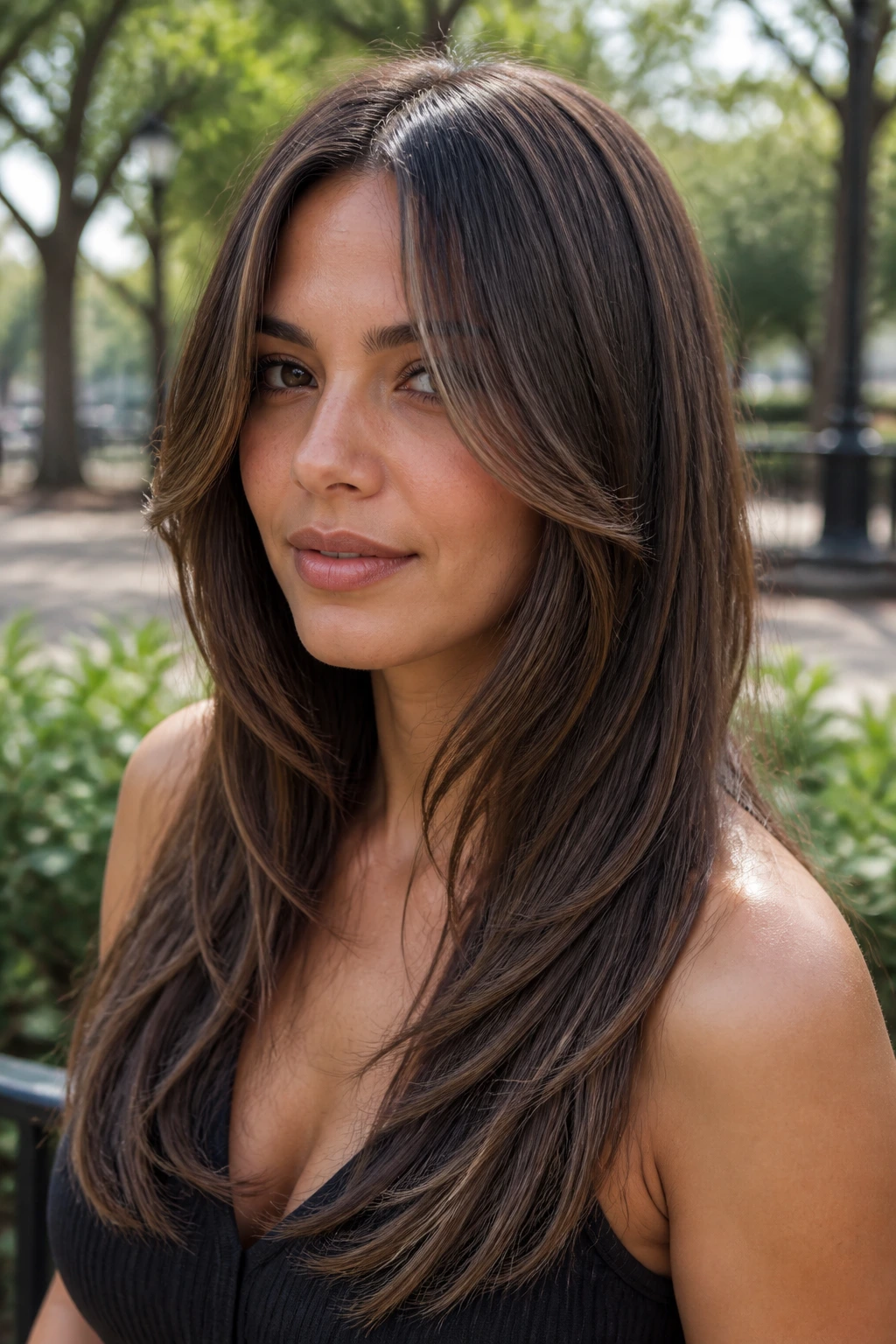 Long hair with V-cut lengths and ribbon-like front layers.