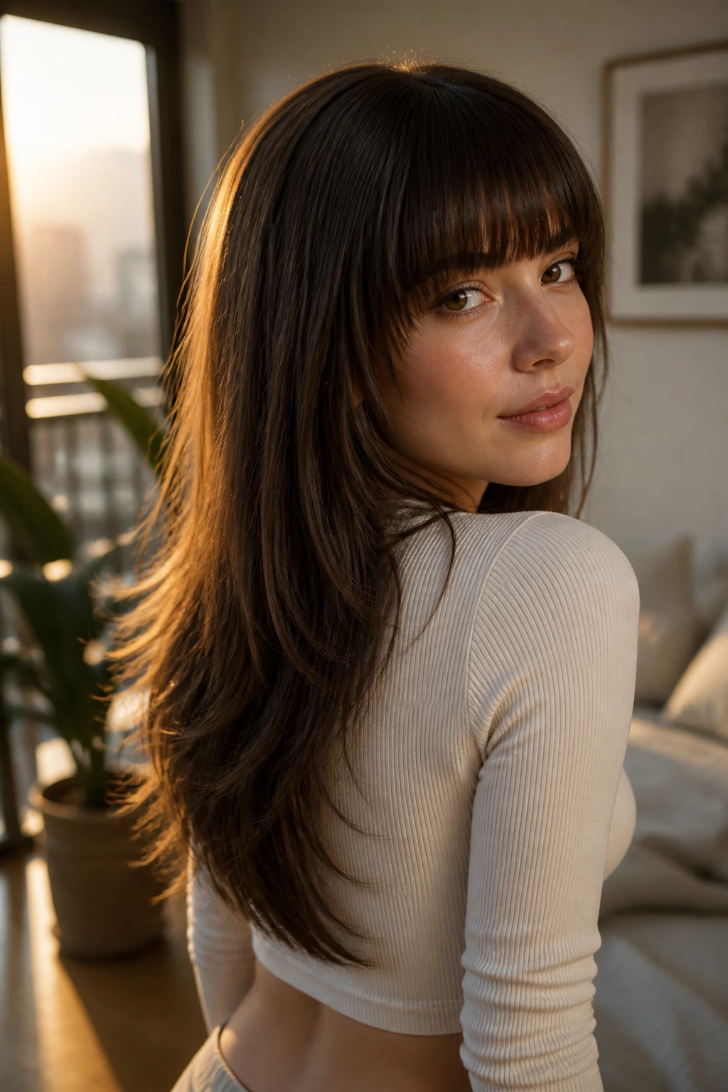Close-up portrait of a real person with V-cut back lengths and straight-across fringe