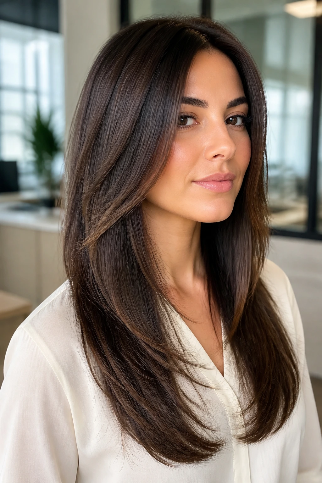Close-up of a real woman with V-cut long angled face framing in an office