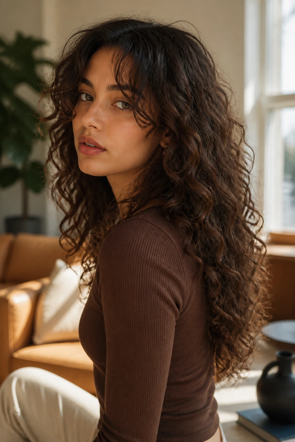 Three-quarter portrait of a real person with V-cut back and long curtain bangs