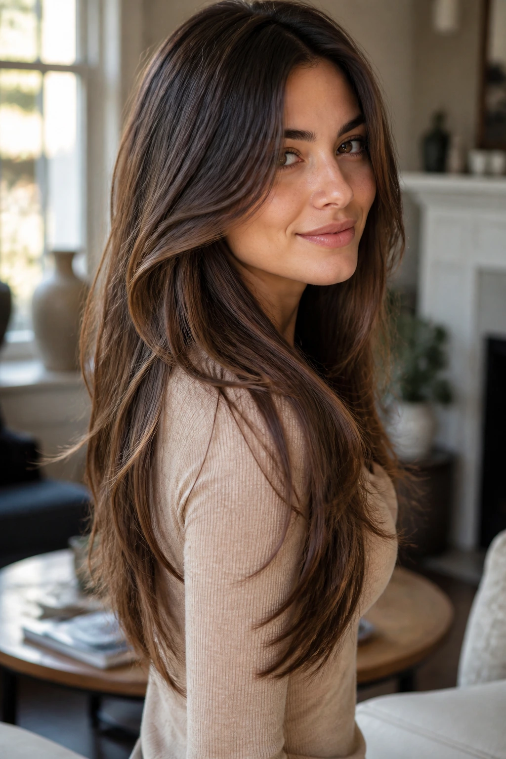 Close-up portrait of a real woman with a V-cut hairstyle featuring long cascading ends