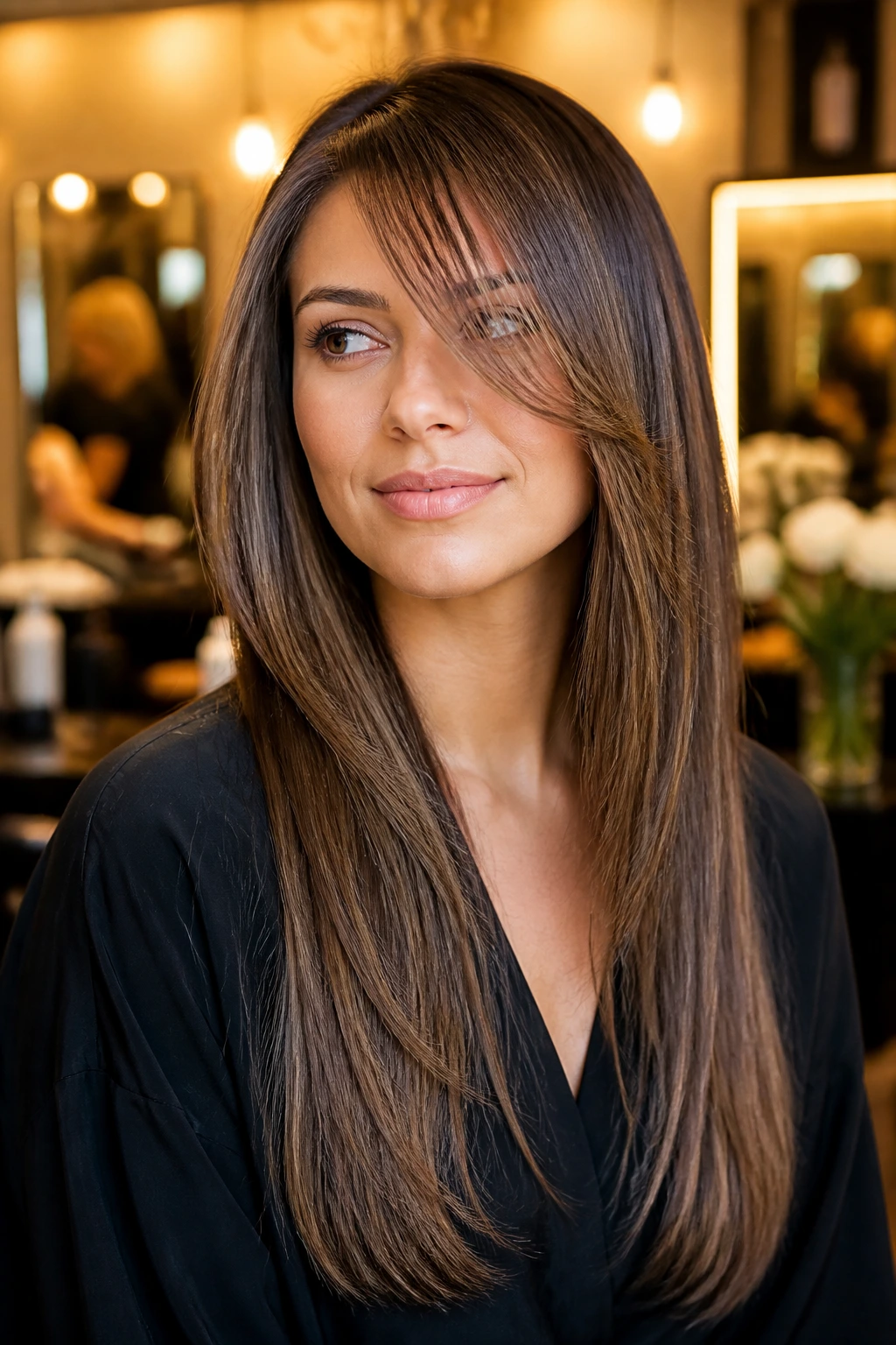 Portrait of a woman with a long V-cut and airy diagonal fringe