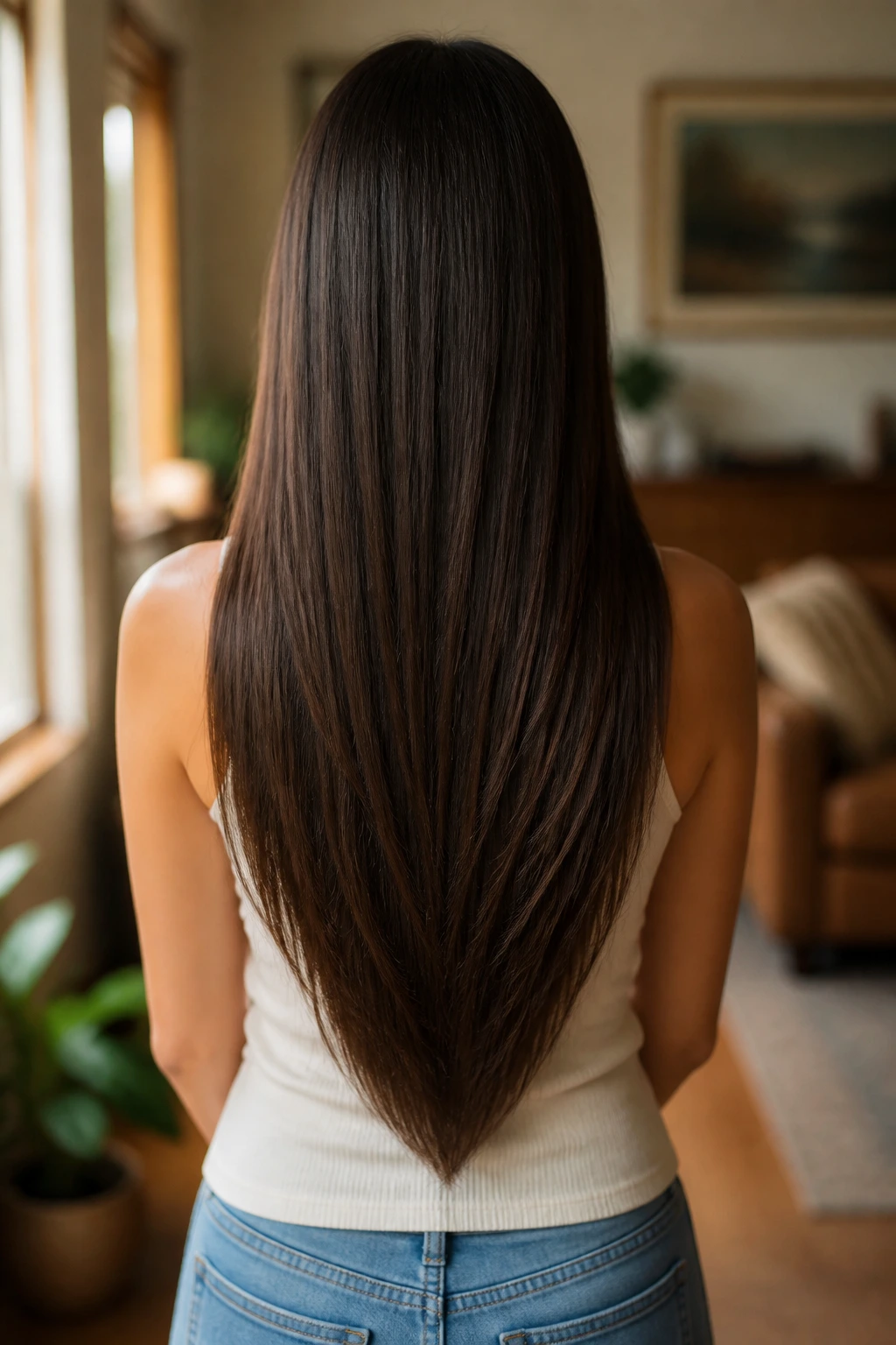 Back-of-head view showing a soft V-cut at the nape and long hair