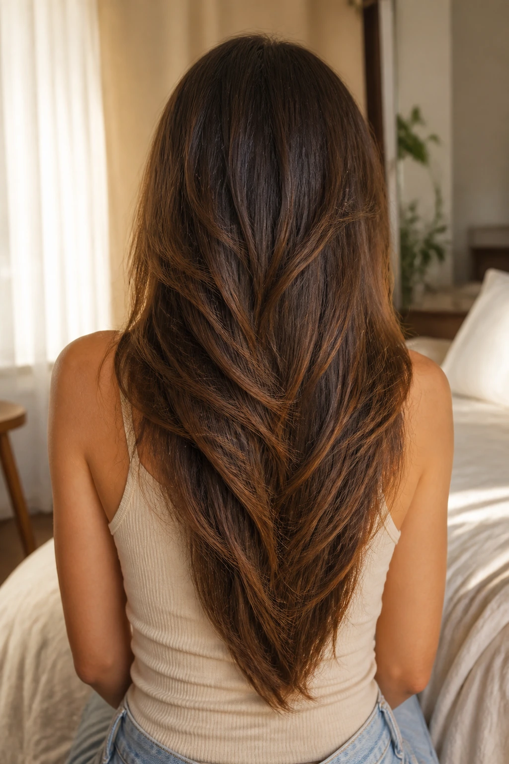 Real woman with V-cut layers on long hair in sunlit bedroom