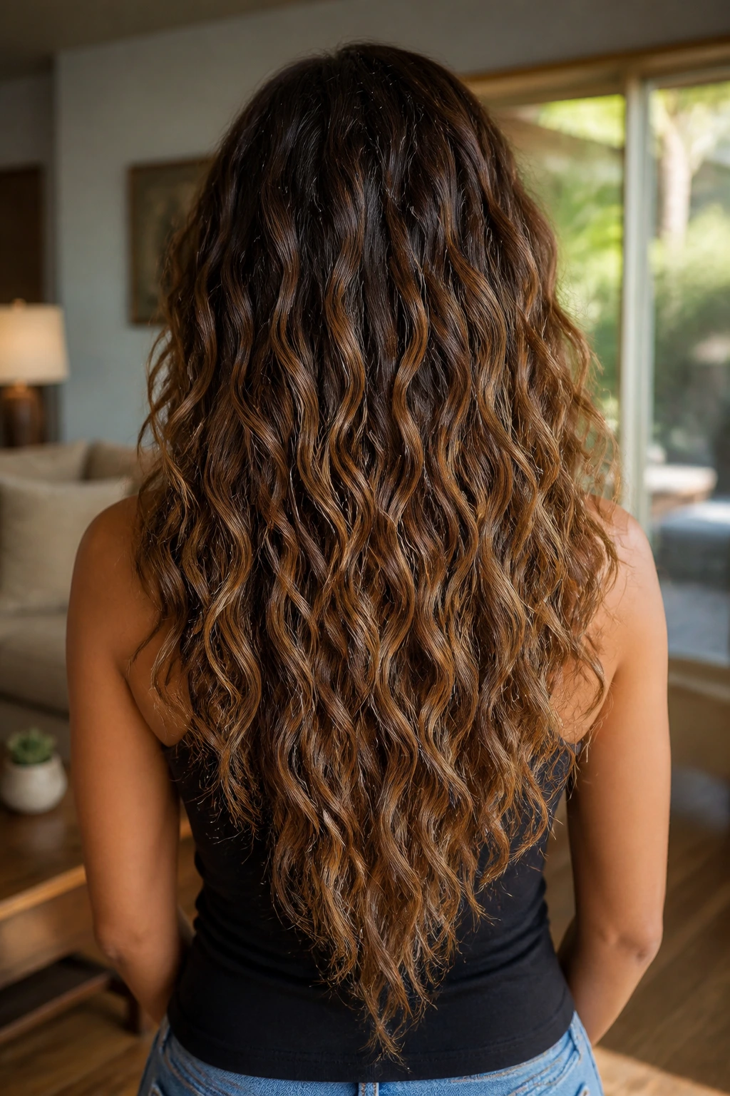 Back view of a real person with a V-cut hairstyle featuring long layered curls and beachy waves