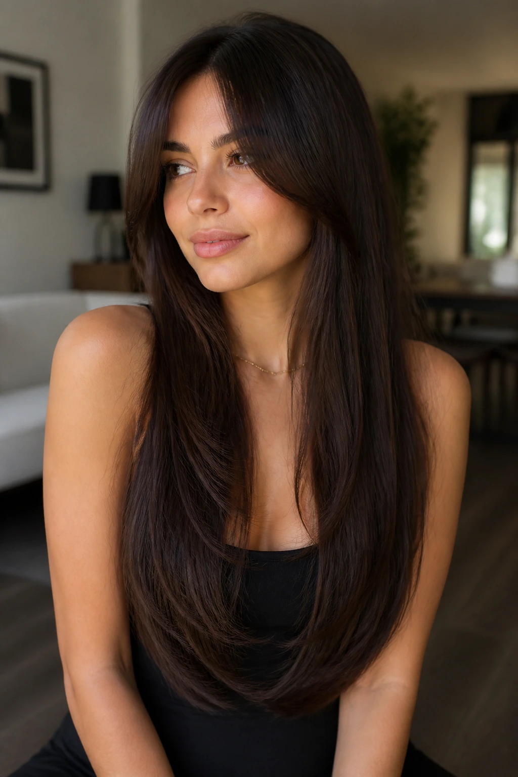 Portrait of real person with long hair showing V-cut layers and curtain bangs