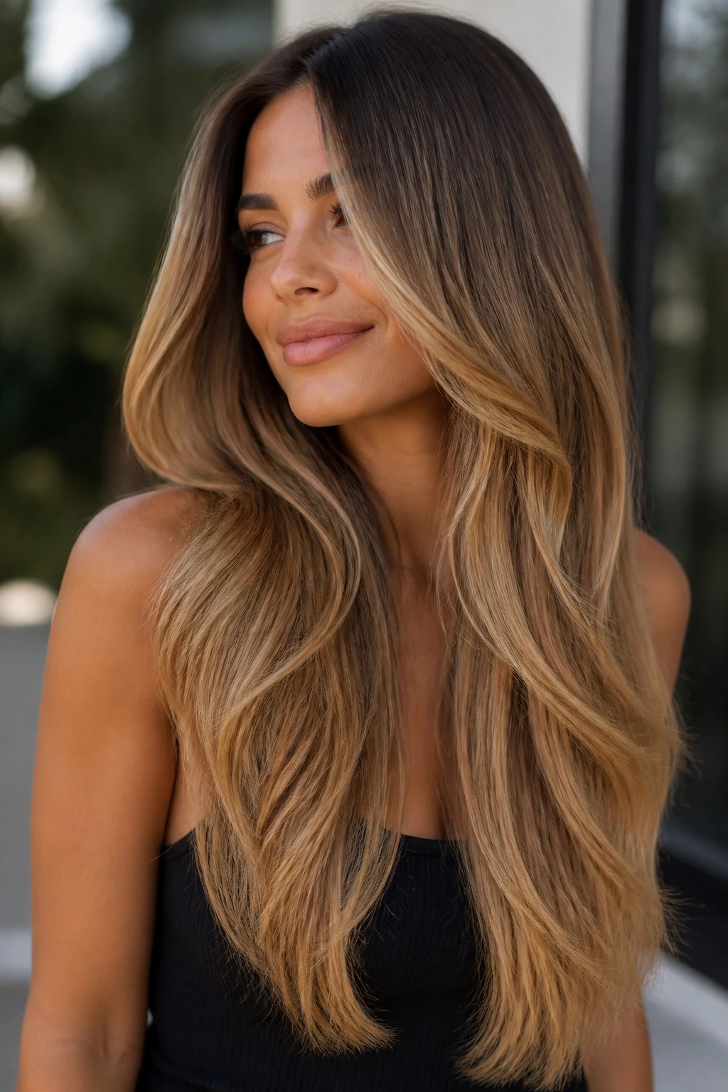 Close-up of a real woman with long V-cut and melted honey ombre on olive skin