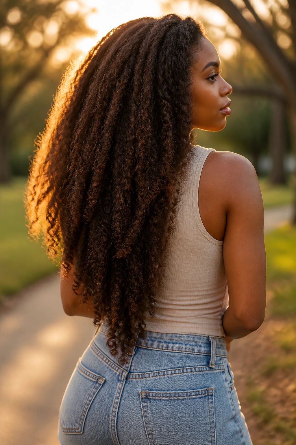 Three-quarter rear view of a real Black woman with a long V-cut hairstyle showing movement in golden hour light