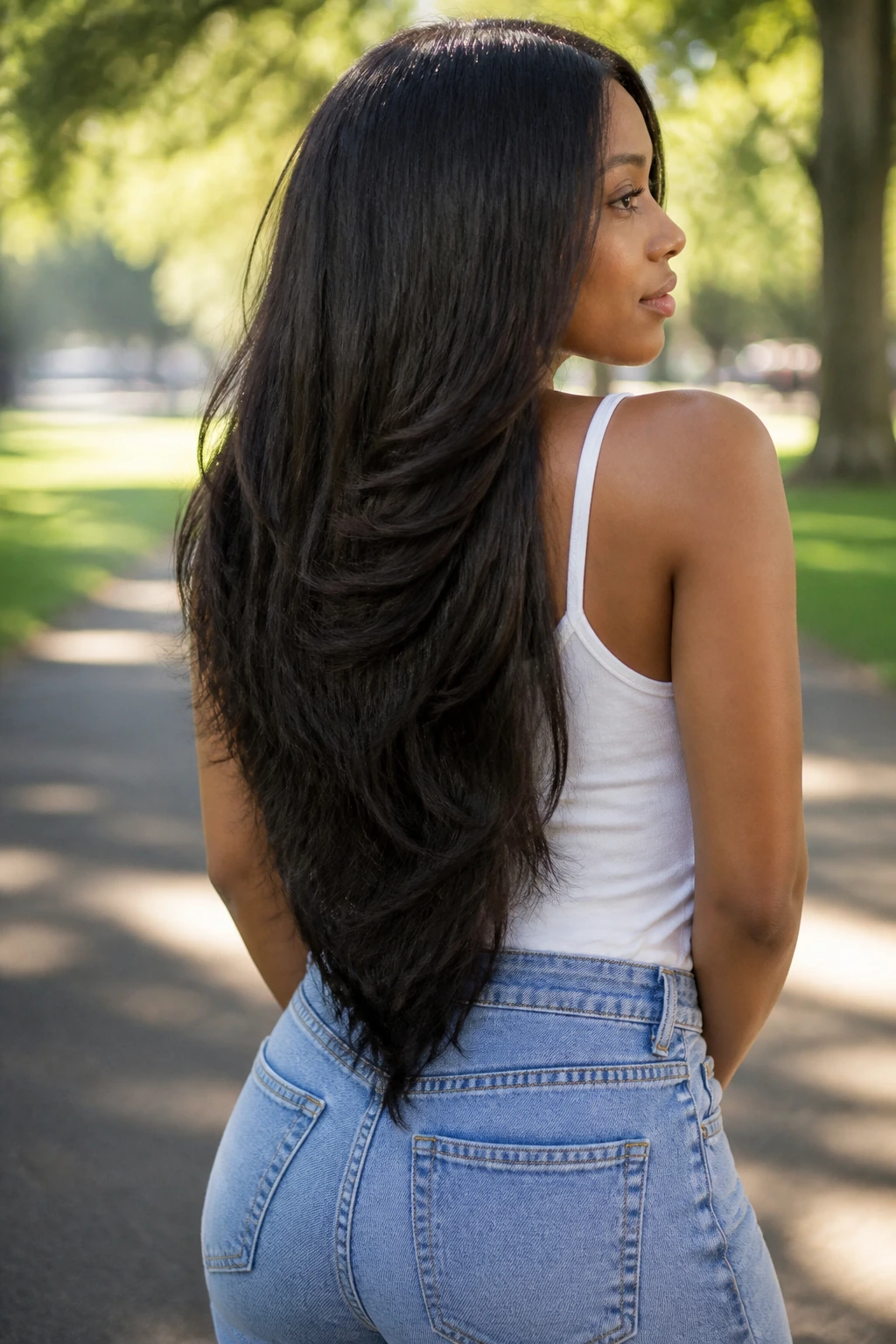 Three-quarter back view of hair with a soft V-cut