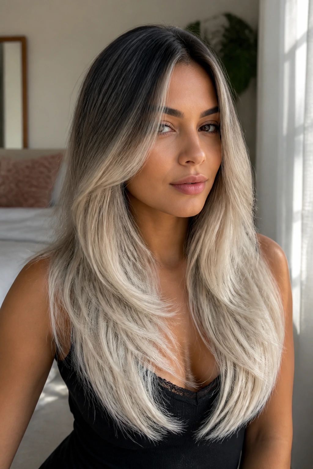 Close-up of a real woman with a V-cut platinum ombré hairstyle in a sunlit bedroom