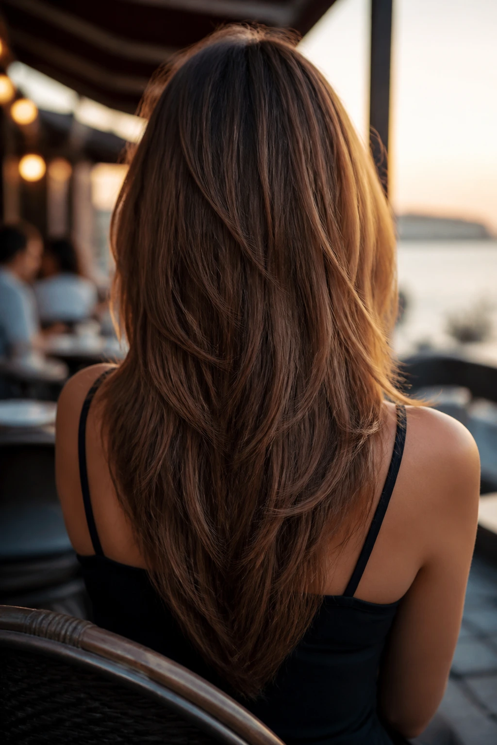 Back view of real woman wearing a V-cut shag with a subtle back point