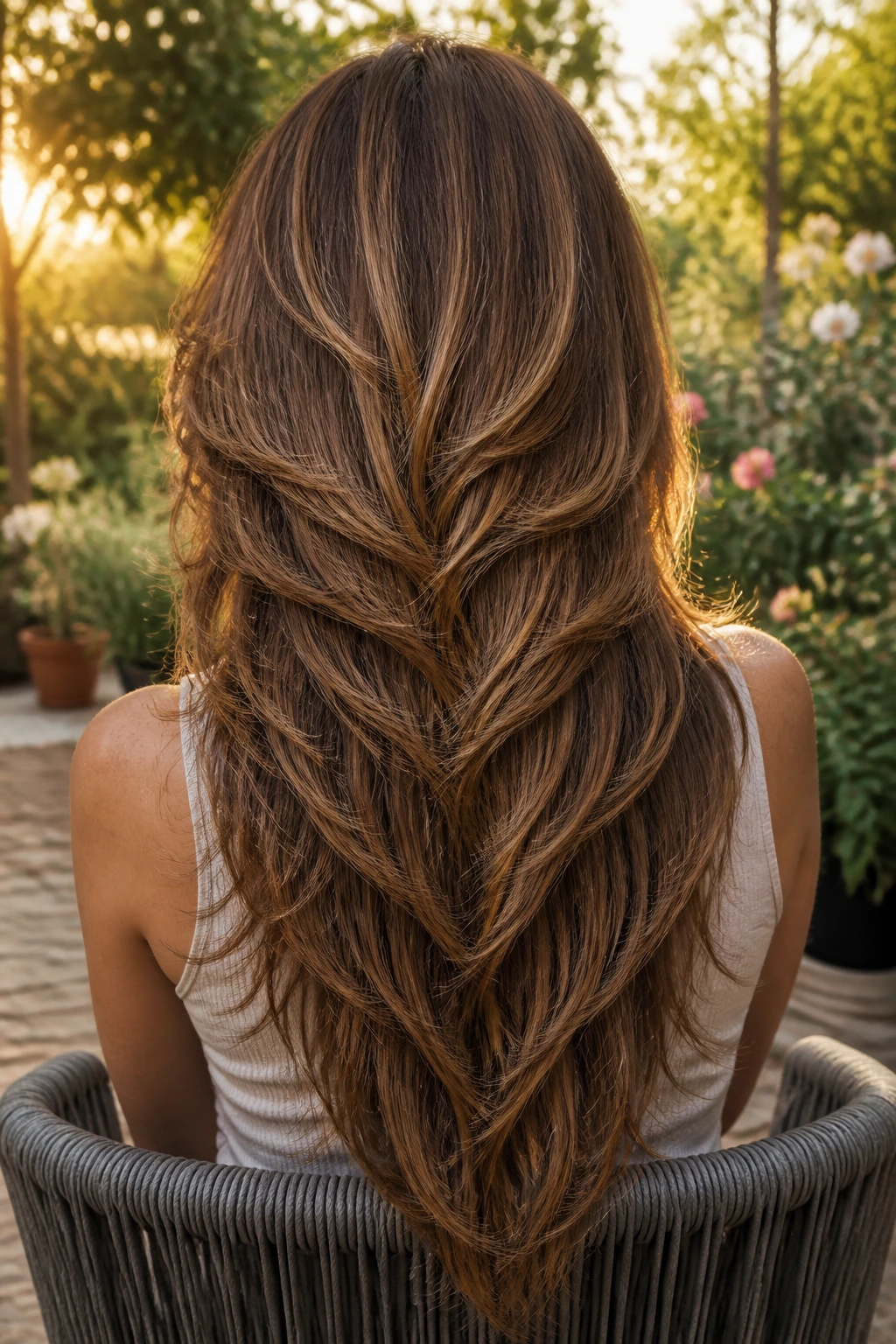 Back-of-head portrait of a real woman showing V-cut waterfall layers in long hair.