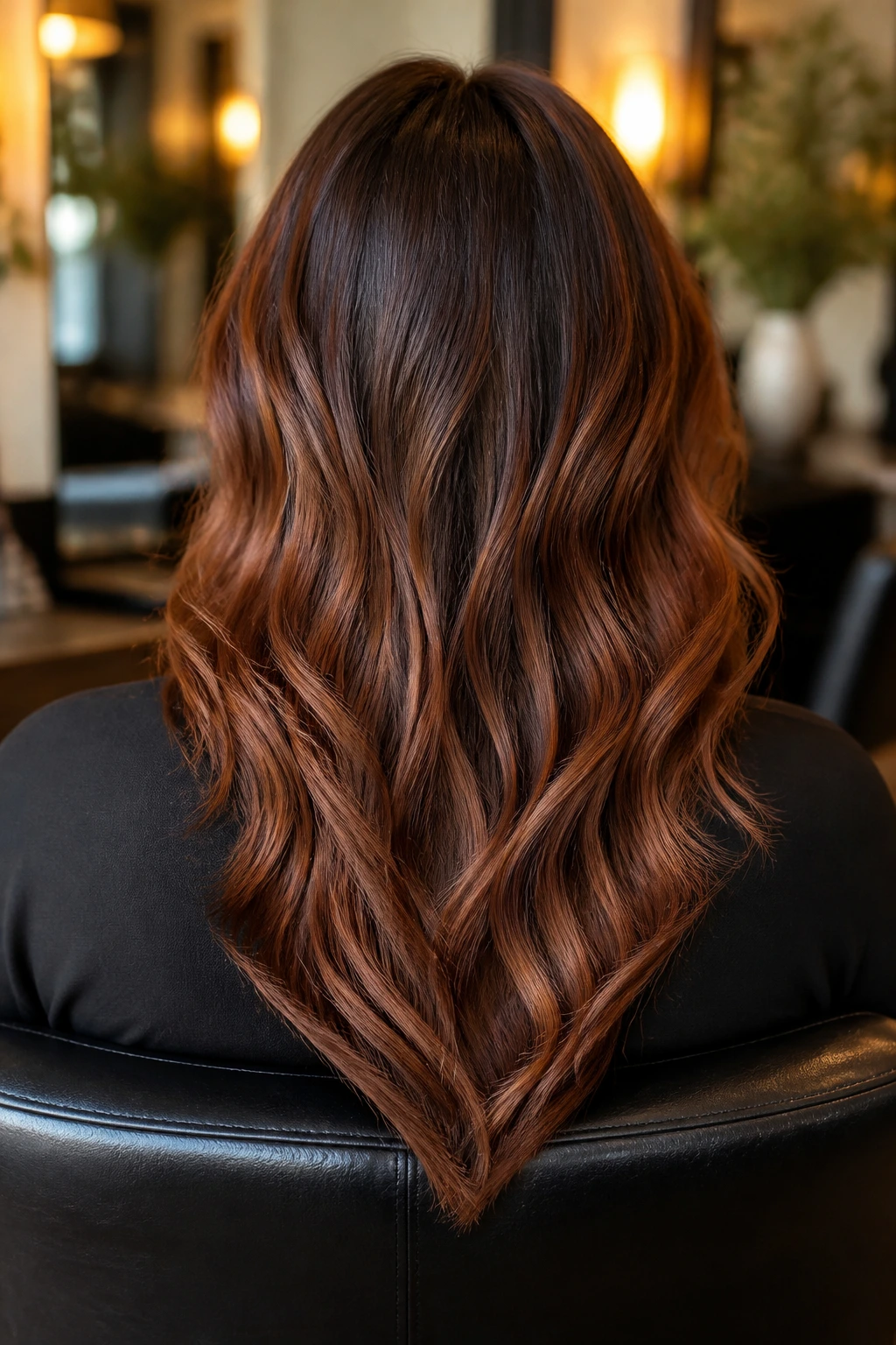 Back-of-head view of a real woman with V-cut waves and soft auburn babylights.