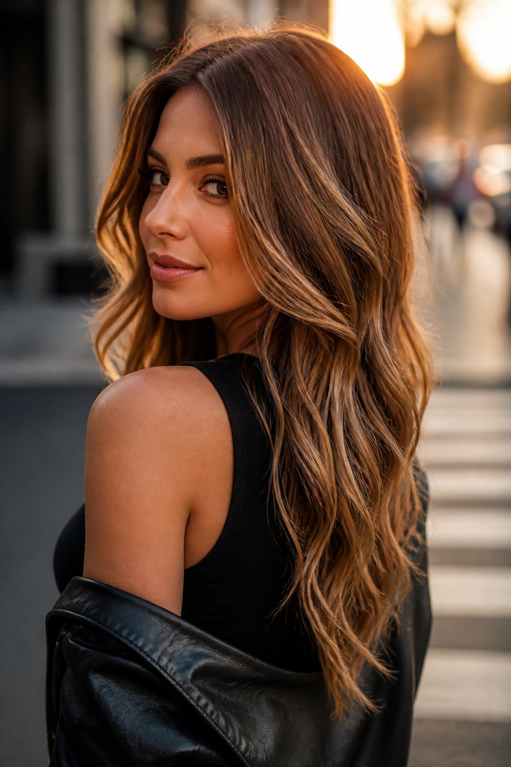 Close-up of a woman with V-cut waves and caramel babylights
