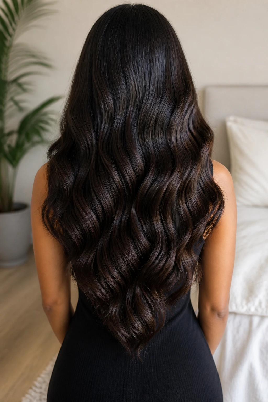 Back view of a real woman with a subtle V-cut in long body waves
