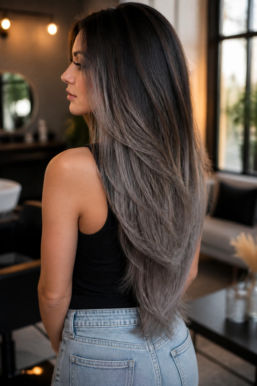 Three-quarter back portrait showing a long grey V-layer balayage on real hair.