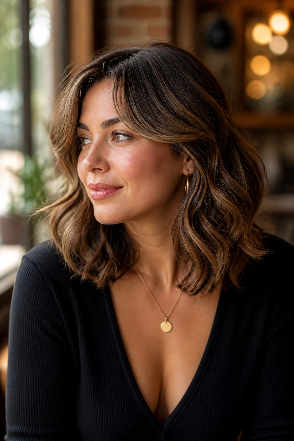 Portrait of a real woman with a V-neck top and wavy haircut.