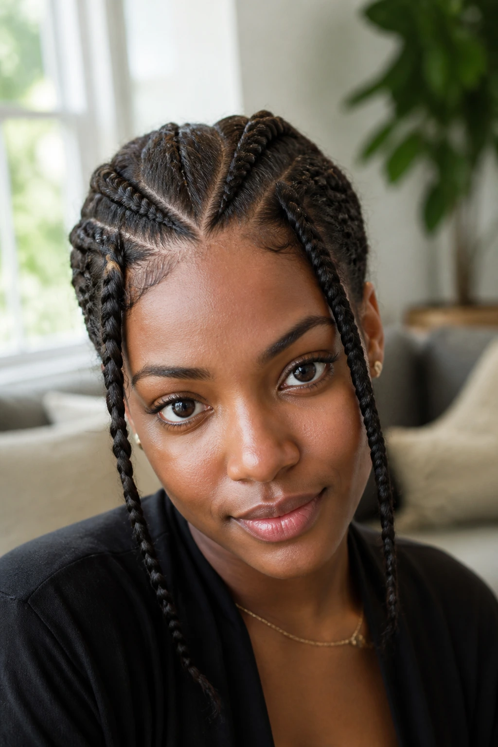 Face-framing V-part Dutch braids on a real person.