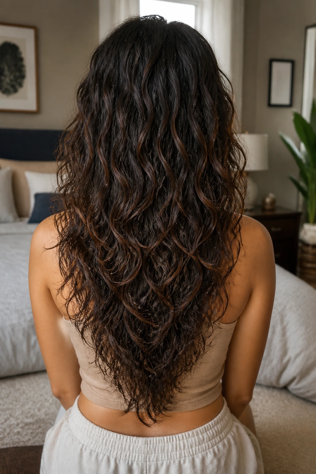 Back-of-head view showing a V-shaped cascading layer haircut